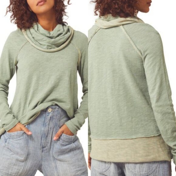 Free People Beach Two Body Cowl Neck Pullover Top M / L Long Sleeves Tunic Green - Picture 1 of 9